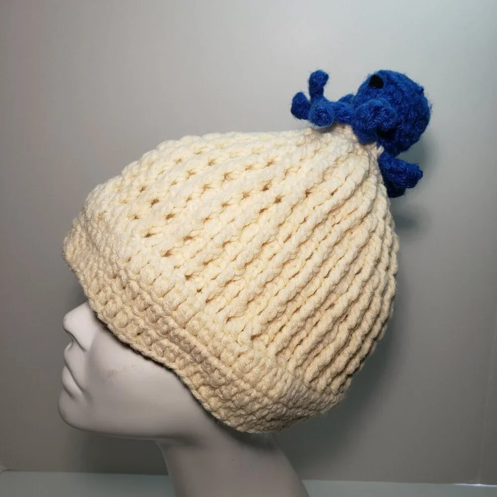 New Handmade Amigurumi Crochet White with Blue Cartoon Octopus Hat Beanie Cute - Picture 4 of 6